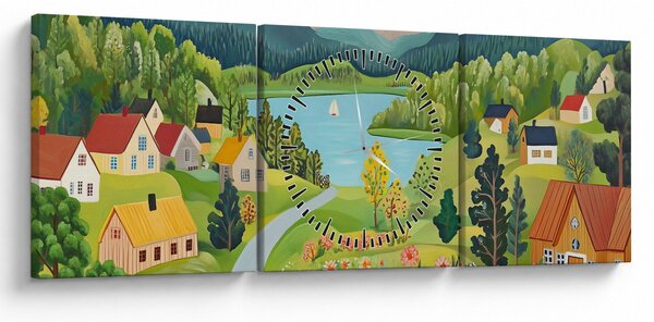 Obraz - Wioska w górach (z zegarem) (90x30 cm)
