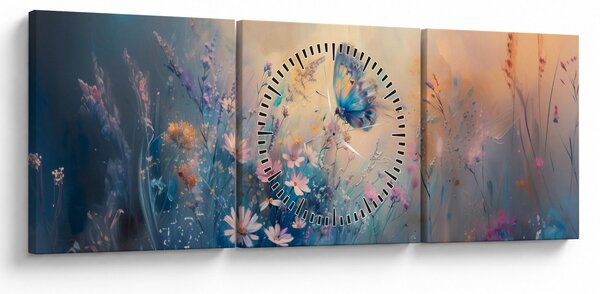 Obraz - Łąka z motylem (z zegarem) (90x30 cm)