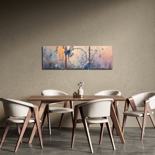 Obraz - Łąka z motylem II (z zegarem) (90x30 cm)