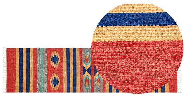 Dywan chodnik bawełniany kilim ręcznie tkany dwustronny z frędzlami wzorem 80 x 300 cm wielokolorowy Hatis Beliani