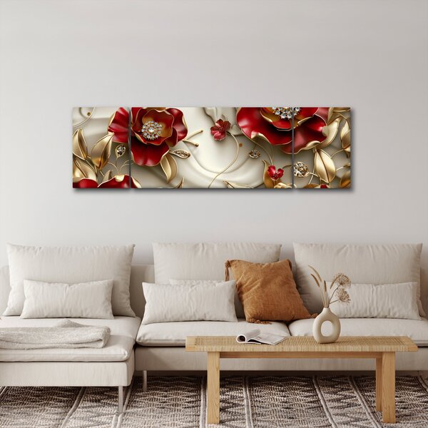 Obraz - 3D czerwono-złote kwiaty (170x50 cm)