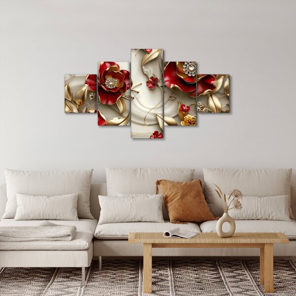 Obraz - 3D czerwono-złote kwiaty (125x70 cm)