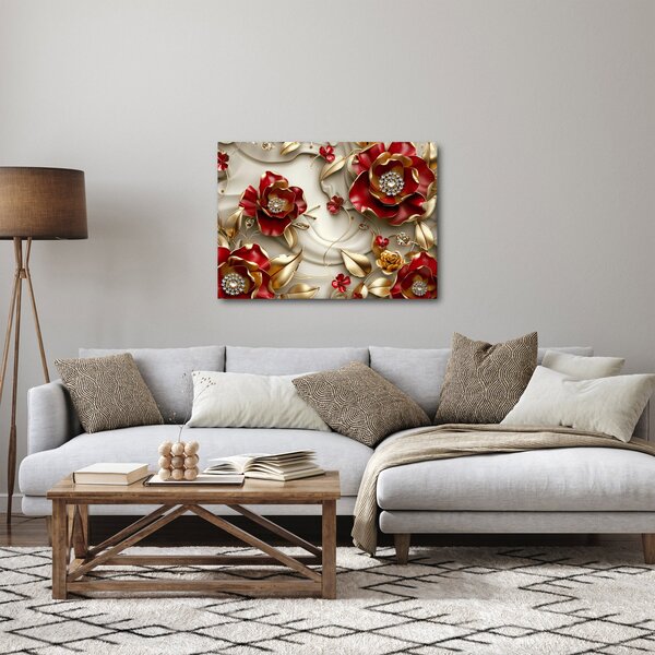 Obraz - 3D czerwono-złote kwiaty (70x50 cm)