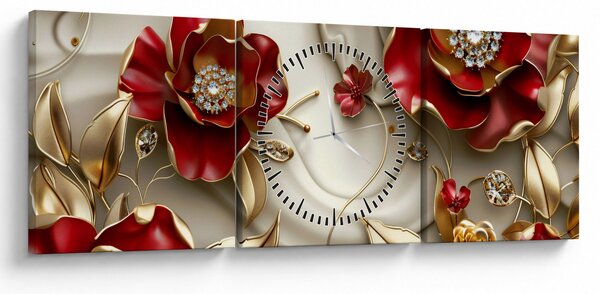 Obraz - 3D czerwono-złote kwiaty (z zegarem) (90x30 cm)