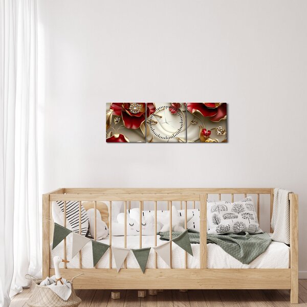 Obraz - 3D czerwono-złote kwiaty (z zegarem) (90x30 cm)