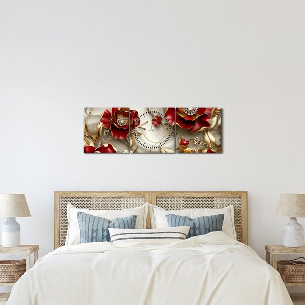Obraz - 3D czerwono-złote kwiaty (z zegarem) (90x30 cm)
