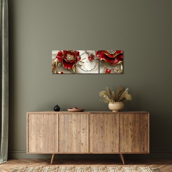 Obraz - 3D czerwono-złote kwiaty (z zegarem) (90x30 cm)