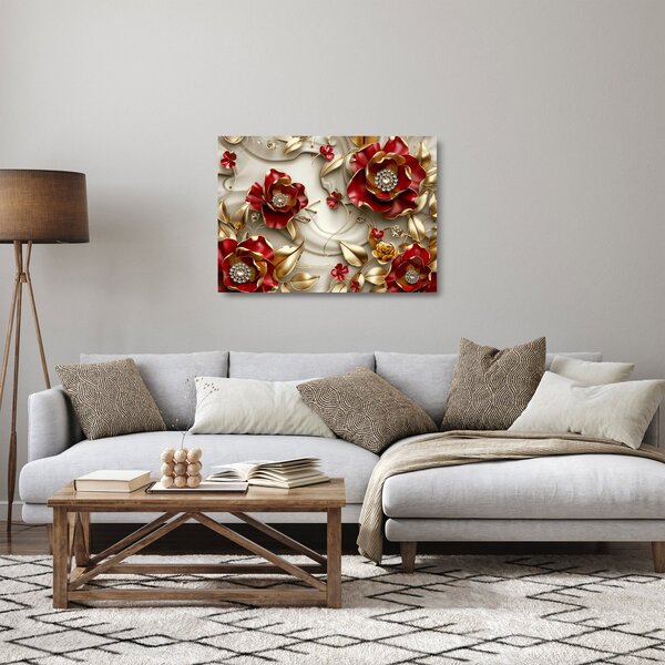 Obraz na szkle - 3D czerwono-złote kwiaty (70x50 cm)