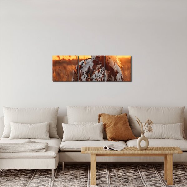 Obraz - Koń o zachodzie słońca (z zegarem) (90x30 cm)