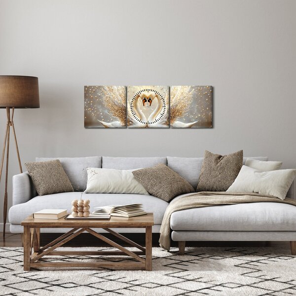 Obraz - Złote łabędzie (z zegarem) (90x30 cm)
