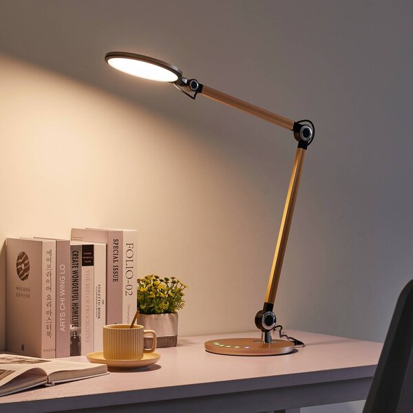Lampa biurkowa LED Nyxaris Lindby, możliwość ściemniania, mosiężny / złoty, biuro, tworzywo sztuczne, nowoczesny