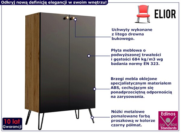 Industrialna komoda z czarnymi nogami dąb craft + czarny K2-E38