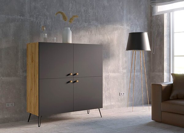 Komoda w stylu loft z półkami dąb craft + czarny K2-N12