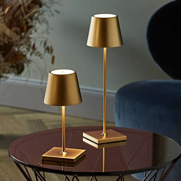 Sigor Akumulatorowa lampa stołowa LED Nuindie mini, USB-C, złota, IP54, ściemniana Nuindie, możliwość ściemniania, mosiężny / złoty, salon / jadalnia, aluminium, nowoczesny