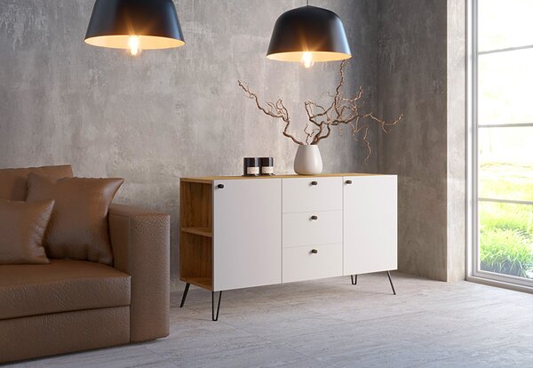 Lewostronna komoda w stylu industrialnym dąb craft + biały P9-L28