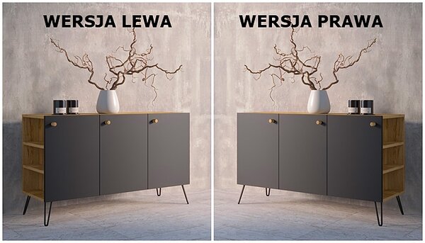 Komoda z nóżkami typu hairpin legs lewostronna dąb craft + czarny L3-S35