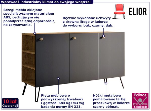 Komoda z nóżkami typu hairpin legs lewostronna dąb craft + czarny L3-S35