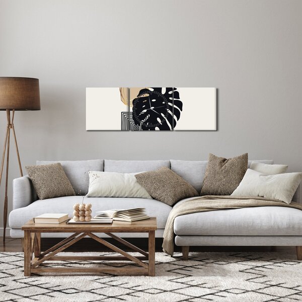 Obraz - Abstrakcja z tropikalnymi liśćmi N⁰2 (z zegarem) (90x30 cm)