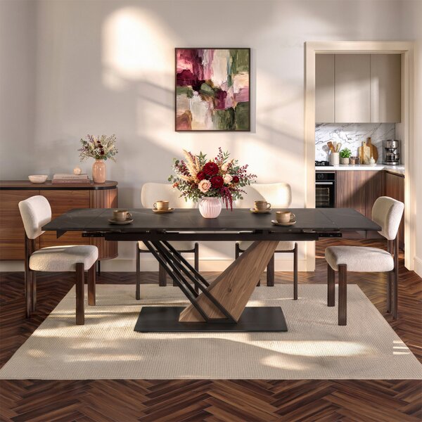 Stół Rozkładany Prostokątny REX 2 180-240 cm Ceramiczny Czarny Marmur/Orzech do Jadalni Nowoczesny Loft