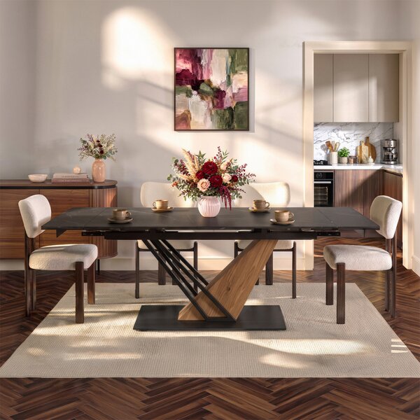 Stół Rozkładany Prostokątny REX 160-220 cm Ceramiczny Czarny Marmur/Dąb do Jadalni Nowoczesny Loft