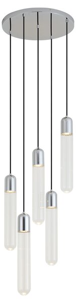 Designerska lampa wisząca chromowana z żebrowanym szkłem 5-punktowa - Walcott