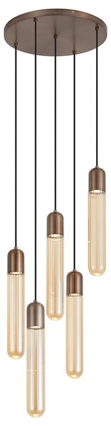 Lampa wisząca Art Deco ciemny brąz z żebrowanym szkłem 5-punktowa - Walcott