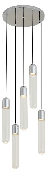 Designerska lampa wisząca chromowana z żebrowanym szkłem 5-punktowa - Walcott