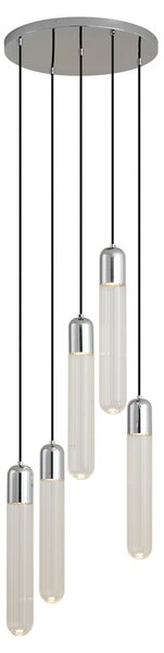 Designerska lampa wisząca chromowana z żebrowanym szkłem 5-punktowa - Walcott