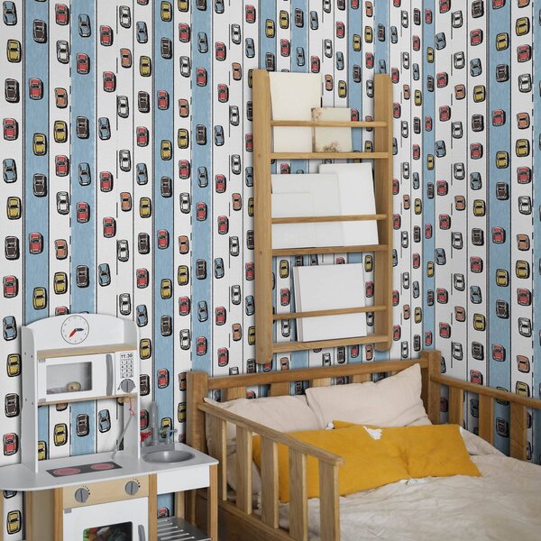 Tapety Autka na błękitnych pasach, Tapety Do pokoju dziecięcego, Tapety do pokoju chłopca, a00118v2 : Uwalls.pl