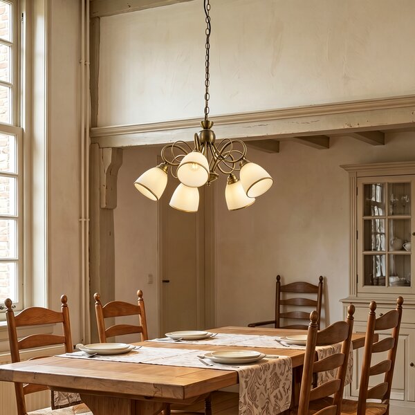 Klasyczna lampa wisząca brązowa z opalowym szkłem 5-punktowa - Katarina
