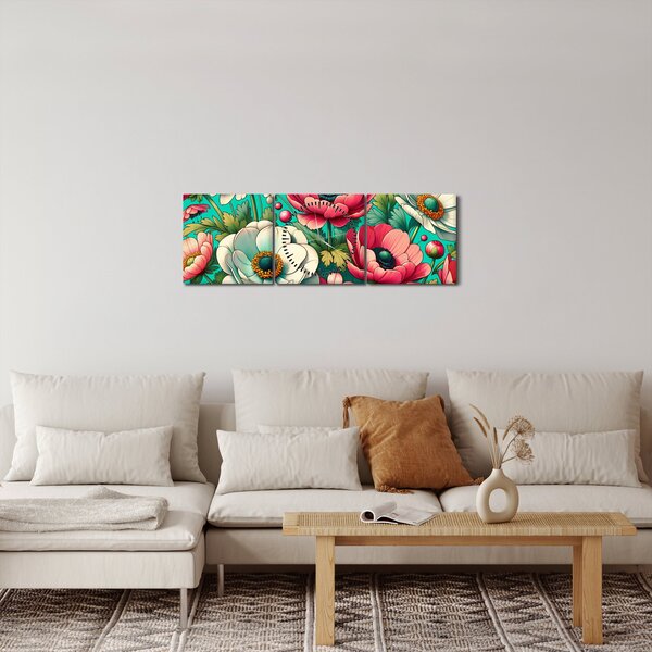 Obraz - Kwiaty na niebieskim tle (z zegarem) (90x30 cm)