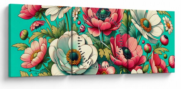 Obraz - Kwiaty na niebieskim tle (z zegarem) (90x30 cm)