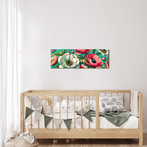 Obraz - Kwiaty na niebieskim tle (z zegarem) (90x30 cm)
