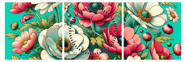 Obraz - Kwiaty na niebieskim tle (z zegarem) (90x30 cm)