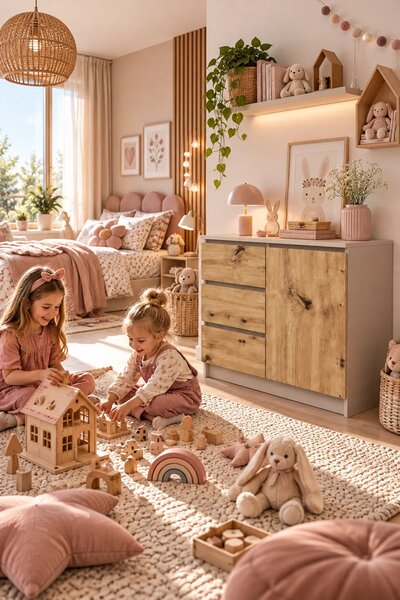 Komoda z szufladami i półkami kaszmir + dąb artisan W6-A22