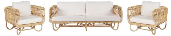 Rattanowy zestaw sofa i 2 fotele bawełniane poduszki beżowa plecionka Dolcedo Beliani