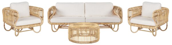 Rattanowy zestaw sofa i 2 fotele stolik beżowa plecionka poduchy Dolcedo / Limni Beliani