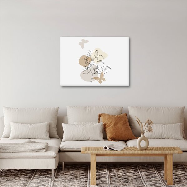 Obraz - Beżowe kwiaty z motylem N⁰1 (70x50 cm)