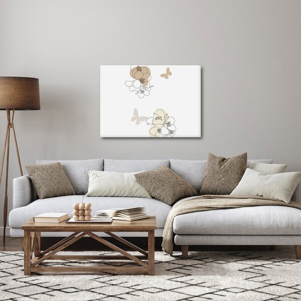 Obraz - Beżowe kwiaty z motylem N⁰2 (70x50 cm)