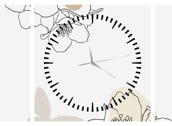 Obraz - Beżowe kwiaty z motylem N⁰2 (z zegarem) (90x30 cm)