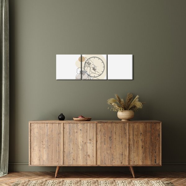 Obraz - Beżowe kwiaty z motylem N⁰4 (z zegarem) (90x30 cm)