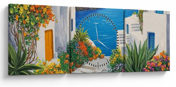Obraz - Grecka uliczka (z zegarem) (90x30 cm)