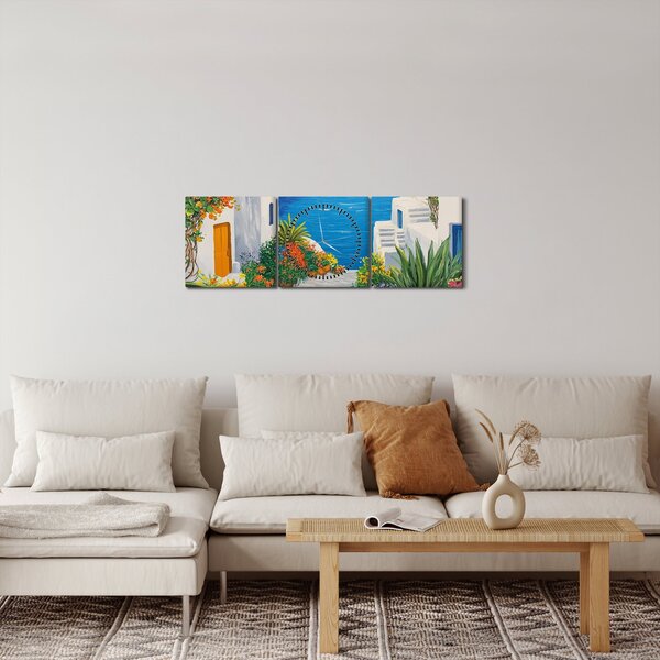 Obraz - Grecka uliczka (z zegarem) (90x30 cm)
