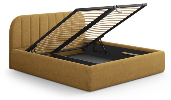 Musztardowe tapicerowane łóżko dwuosobowe ze schowkiem ze stelażem 140x200 cm Juno – Windsor & Co Sofas