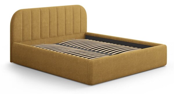 Musztardowe tapicerowane łóżko dwuosobowe ze schowkiem ze stelażem 140x200 cm Juno – Windsor & Co Sofas