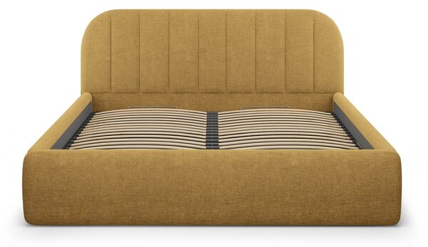 Musztardowe tapicerowane łóżko dwuosobowe ze schowkiem ze stelażem 140x200 cm Juno – Windsor & Co Sofas