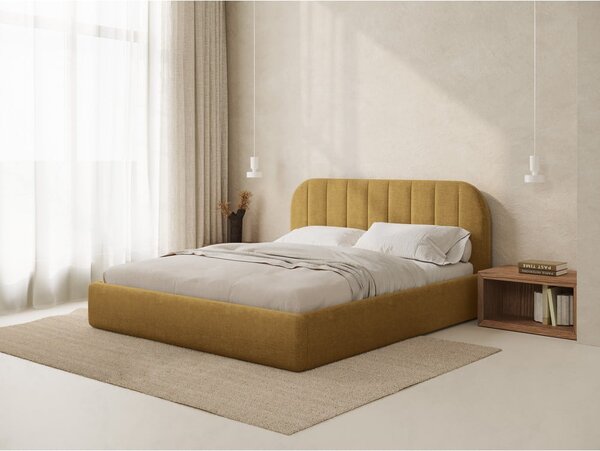 Musztardowe tapicerowane łóżko dwuosobowe ze schowkiem ze stelażem 140x200 cm Juno – Windsor & Co Sofas