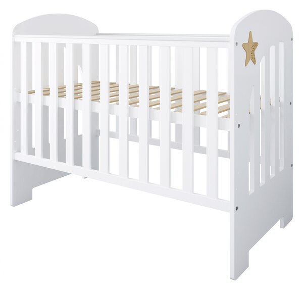 Łóżeczko dziecięce STARS BABY 120x60 z szufladą, barierką i funkcją tapczanika – białe z dekoracyjną gwiazdką