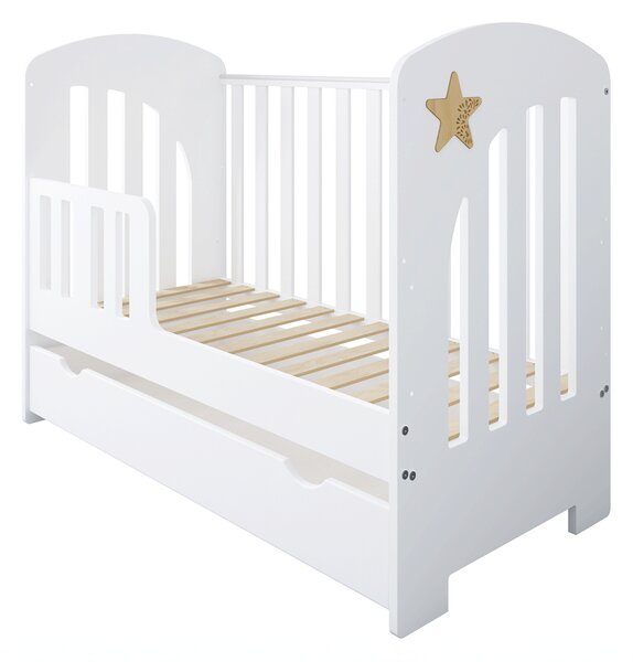 Łóżeczko dziecięce STARS BABY 120x60 z szufladą, barierką i funkcją tapczanika – białe z dekoracyjną gwiazdką