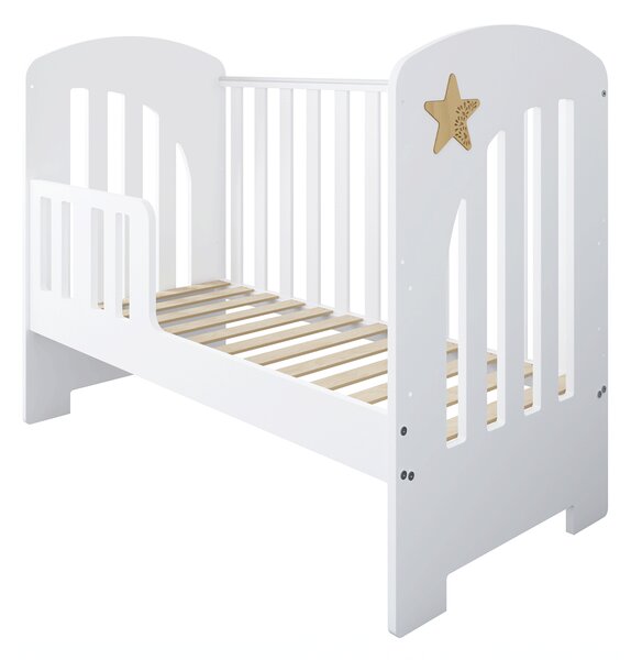 Łóżeczko dziecięce STARS BABY 120x60 z szufladą, barierką i funkcją tapczanika – białe z dekoracyjną gwiazdką